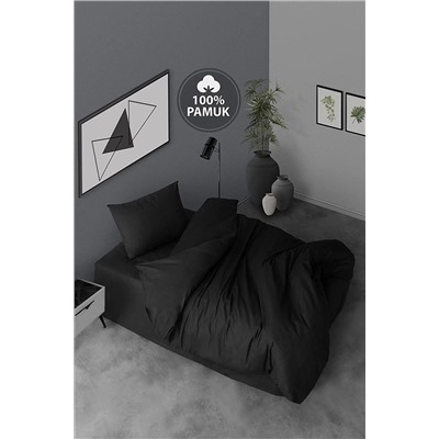 Casa Carina Ranforce Tek Kişilik Lastikli Çarşaflı Nevresim Takımı Simple Siyah CC1760p