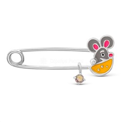 Булавка из серебра с эмалью и фианитом родированная - Мышка 925 пробы 411367