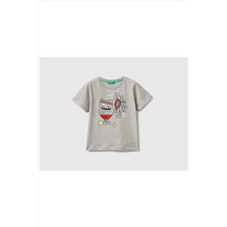 United Colors of BenettonErkek Çocuk Gri Melanj Sevimli Canavarlar Karakterli T-shirt