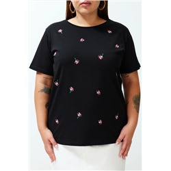 Siyah Boyfriend Çiçek Nakış Detaylı %100 Pamuk Örme Büyük Beden T-shirt TBBSS24BF00029