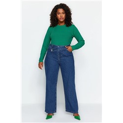 Trendyol Curve Koyu Mavi Bel Detaylı Straight Fit Jeans TBBAW24CJ00003