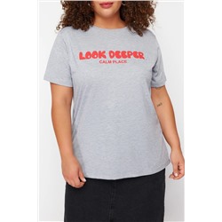 Gri Melanj Slogan Baskılı Boyfriend %100 Pamuk Örme Büyük Beden T-shirt TBBSS24BF00036
