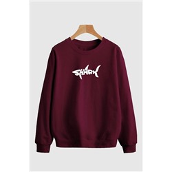 RokebyUnisex Shark Baskılı Bordo Oversize Sweatshirt