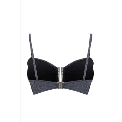 Siyah U Aksesuar Detaylı Simli Askılı Büyük Beden Bikini Üstü TBBSS25CT00007