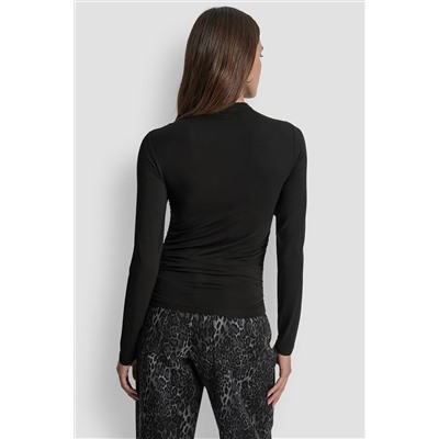 SIDE RUCHED HIGH NECK LONG SLEEVE TOP WITH RHINESTONE