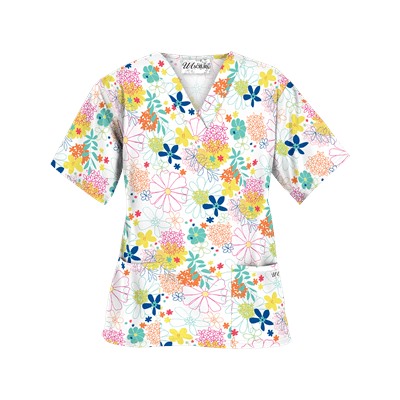 UA Floral Comfort White V-Neck Print Scrub Top