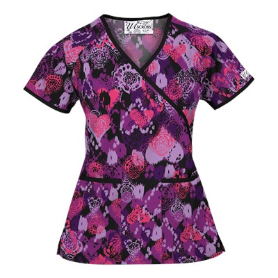 UA Bohemian Heart Black Mock Wrap Scrub Top