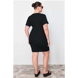 Siyah Vücuda Oturan Mini Bisiklet Yaka Fitilli Esnek Örme Kalem ElbiseTBBSS24AH00162