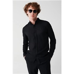 Avva Erkek Siyah Düğmeli Yaka Dokulu Pamuklu Slim Fit Gömlek E002050