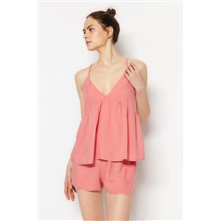 TRENDYOLMİLLA Gül Kurusu Fırfırlı Atlet-Şort Dokuma Pijama Takımı THMSS23PT00170