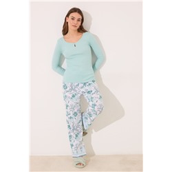 Pijama largo verde turquesa flores