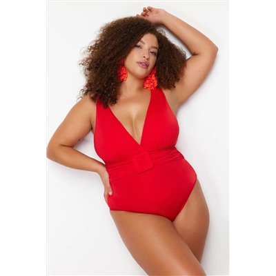 Trendyol Curve Kırmızı Derin V Kemerli Büyük Beden Mayo TBBSS24AM00022