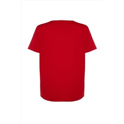 Kırmızı Boyfriend Fit Slogan Baskılı Bisiklet Yaka %100 Pamuk Büyük Beden T-Shirt TBBSS23BF00022