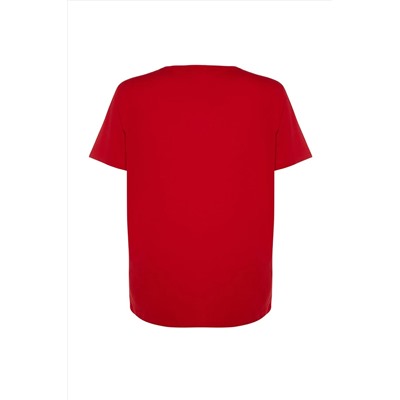 Kırmızı Boyfriend Fit Slogan Baskılı Bisiklet Yaka %100 Pamuk Büyük Beden T-Shirt TBBSS23BF00022