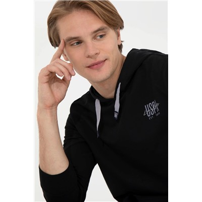 Erkek Siyah Kapüşonlu Basic Sweatshirt