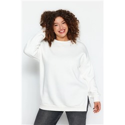 Trendyol Curve Bej Kalın İçi Polarlı Yırtmaçlı Oversize Örme Sweatshirt TBBAW24AO00003