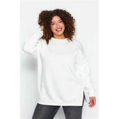 Trendyol Curve Bej Kalın İçi Polarlı Yırtmaçlı Oversize Örme Sweatshirt TBBAW24AO00003