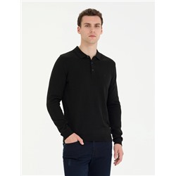 Siyah Slim Fit Polo Yaka Basic Triko Kazak