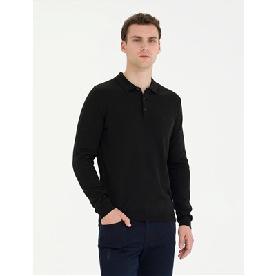Siyah Slim Fit Polo Yaka Basic Triko Kazak