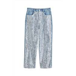 Vaquero mom 7/8 con lentejuelas Azul