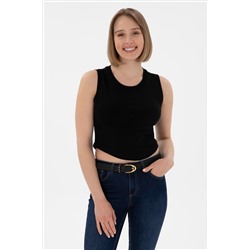 Kadın Siyah Kolsuz Bisiklet Yaka Crop Basic Tişört
