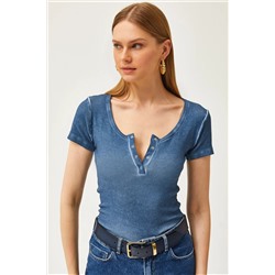 Olalook, Kadın Yıkamalı İndigo Çıtçıtlı Kaşkorse Bluz BLZ-19000171