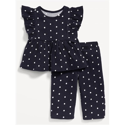 Sleeveless Ruffle-Trim Printed Top & Wide-Leg Pants Set for Baby
