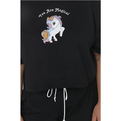Siyah Baskılı Wide Leg Crop Boy Örme Pijama Takımı TBBAW23AI00040