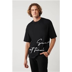 Siyah %100 Pamuk Bisiklet Yaka Baskılı T-Shirt