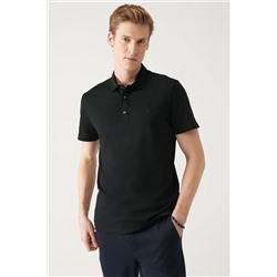 Avva Erkek Siyah %100 Pamuk Örme Standart Fit Normal Kesim 3 Çıt Çıtlı Polo Yaka T-shirt E001033