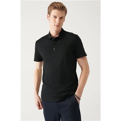 Avva Erkek Siyah %100 Pamuk Örme Standart Fit Normal Kesim 3 Çıt Çıtlı Polo Yaka T-shirt E001033