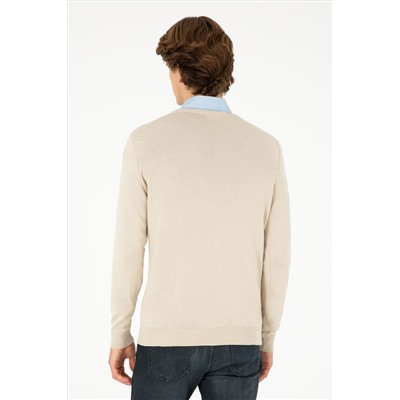 Erkek Slim Fit V Yaka Taş Melanj Basic Kazak