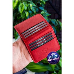Garbalia, Canvas Vintage Deri Rfid Engelleyici Kırmızı Kartlık Cüzdan