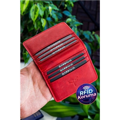 Garbalia, Canvas Vintage Deri Rfid Engelleyici Kırmızı Kartlık Cüzdan