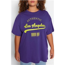 Mor Geniş Kalıp Bisiklet Yaka Baskılı %100 Pamuk Örme T-shirt TBBSS23AH00131