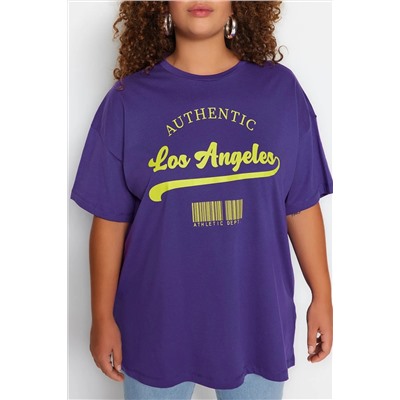 Mor Geniş Kalıp Bisiklet Yaka Baskılı %100 Pamuk Örme T-shirt TBBSS23AH00131