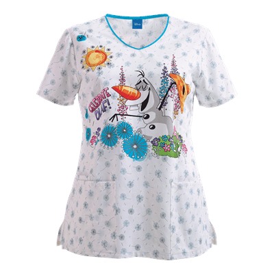 Cherokee Tooniforms Scrubs Celebrate Olaf Print Top