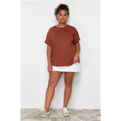 Kahverengi %100 Pamuk Sırt Baskılı Rahat Kesim Bisiklet Yaka Örme T-Shirt TBBSS24BF00025
