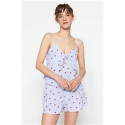TRENDYOLMİLLA Mavi Çizgili Kalp Baskılı Poplin Atlet-Şort Dokuma Pijama Takımı THMSS23PT00133