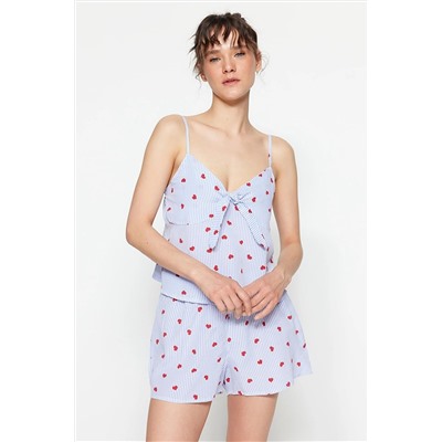 TRENDYOLMİLLA Mavi Çizgili Kalp Baskılı Poplin Atlet-Şort Dokuma Pijama Takımı THMSS23PT00133