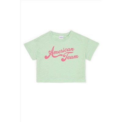 Kız Çocuk Mint Bisiklet Yaka Crop Tişört