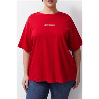 Kırmızı Slogan Baskılı Oversize %100 Pamuk Örme Büyük Beden T-shirt TBBSS24BF00018