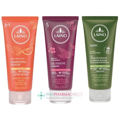 Laino Shampooing Douche Agrumes + Gel Douche Fruits Rouges + Crème de Douche Olive 3x200mlLot  × 3
