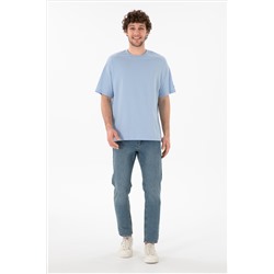 Erkek Oversize Fit Bisiklet Yaka Açık Mavi Tişört