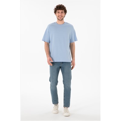 Erkek Oversize Fit Bisiklet Yaka Açık Mavi Tişört