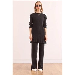 Olalook Kadın Siyah Üst Yırtmaçlı Bluz Alt Palazzo Fitilli Takım TKM-19000180