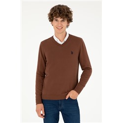 Erkek Slim Fit V Yaka Kahverengi Basic Kazak