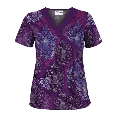 UA Paisley Bliss Eggplant Mock Crossover Scrub Top