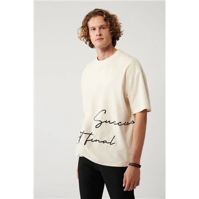 Avva, Erkek Bej %100 Pamuk Bisiklet Yaka Baskılı T-shirt A41y1038