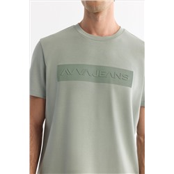Mint Yeşil Bisiklet Yaka Baskılı Elastan T-Shirt